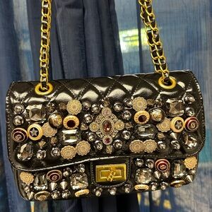 Chic Embellished Black and Gold Shoulder Bag